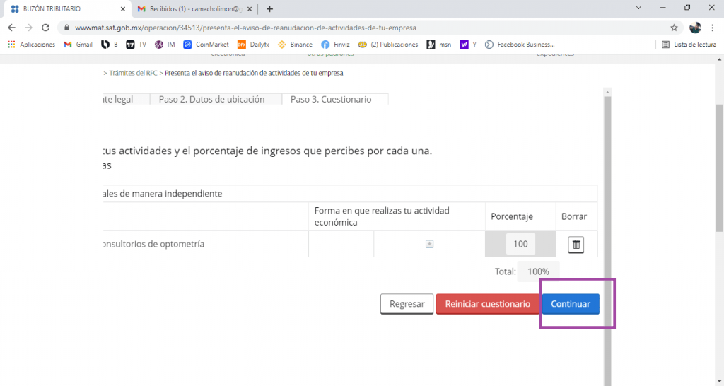 Reanudación de actividades
