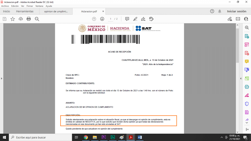 Opinión de cumplimiento NEGATIVA